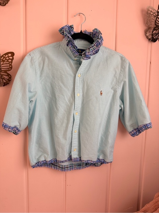 Ralph Lauren Tops - Ralph Lauren upcycled Light Blue Button-Front Shirt with Plaid Trim SzM